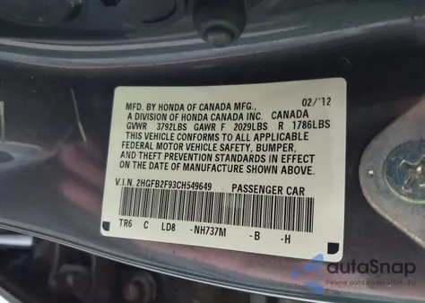 2012 Honda Civic Ex-L z USA, uszkodzony, nr VIN 2HGFB2F93CH549649